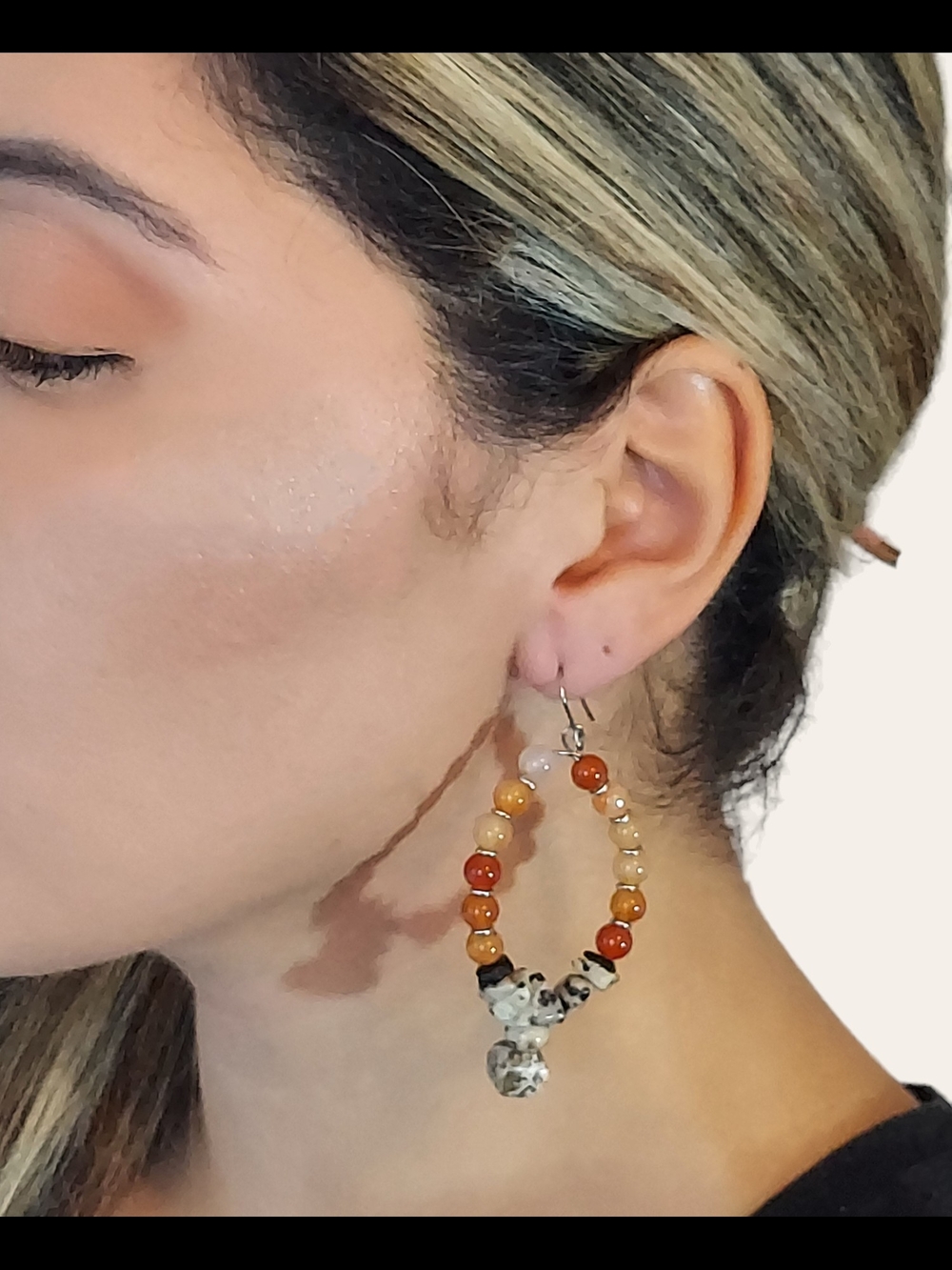Dalmatian Jasper & Carnelian Loop Drop Earrings — Orange Bead Accent